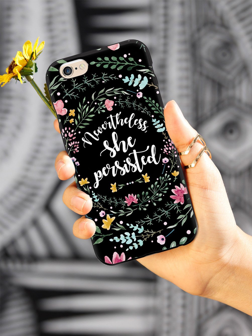 Nevertheless, She Persisted - Watercolor Flower Wreath - Black Case - pipercleo.com