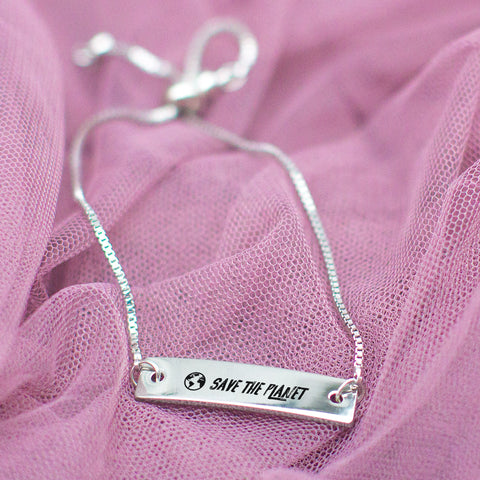 Save the Planet Silver Bar Adjustable Bracelet - pipercleo.com